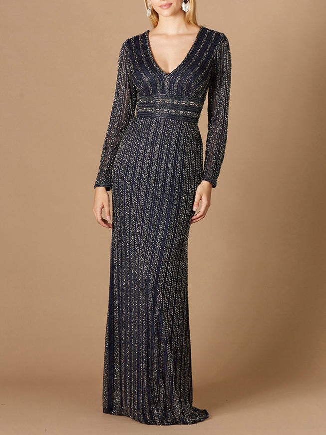 Lara Long Sleeve Beaded Gown