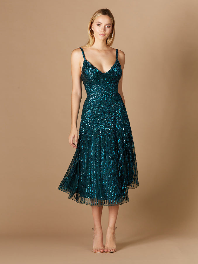 Lara New York 29347 Flowing Sequin Midi Dress Teal
