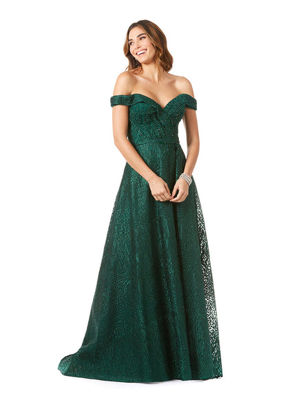 Tonal Beaded Off Shoulder Ballgown Green
