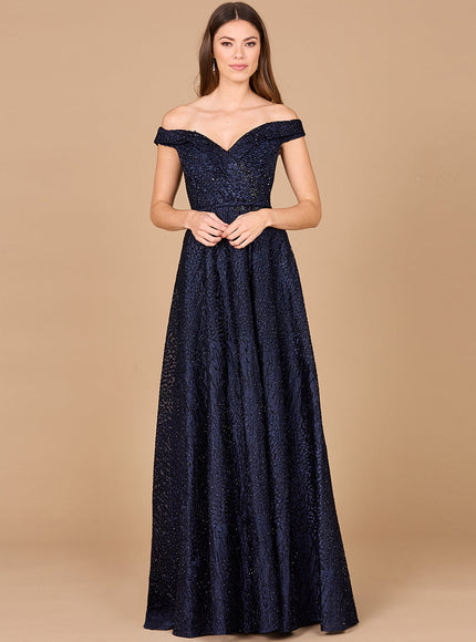 Tonal Beaded Off Shoulder Ballgown Navy