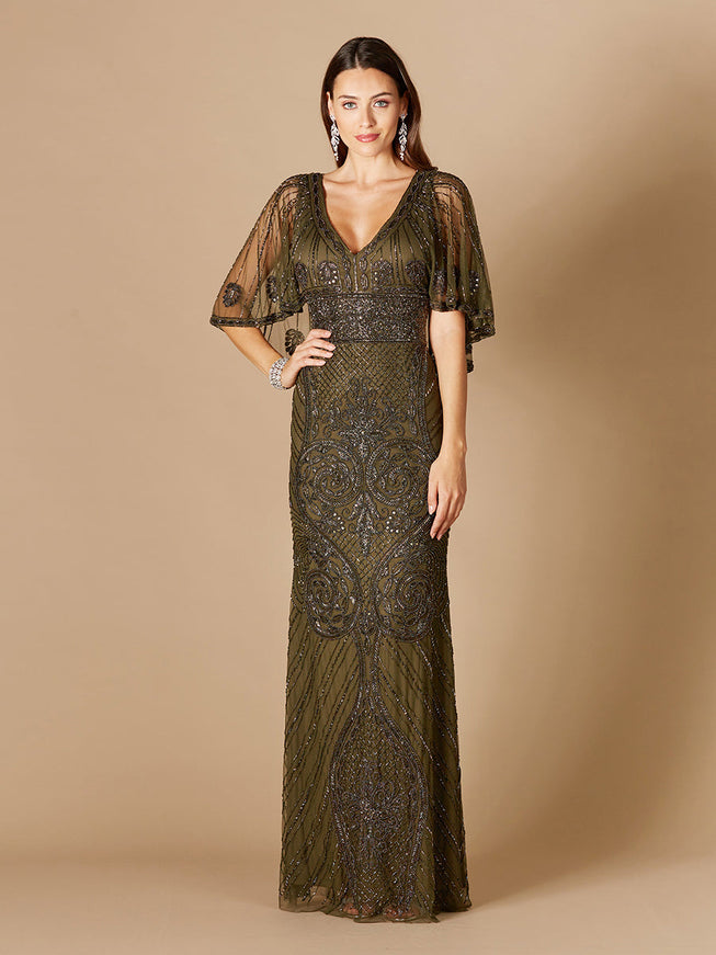 Cape Sleeve V-Neck Beaded Gown Olive