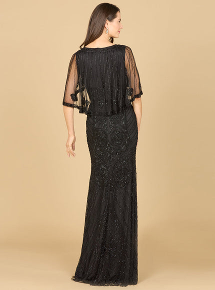 Cape Sleeve V-Neck Beaded Gown