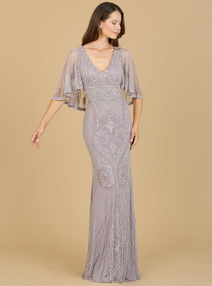 Cape Sleeve V-Neck Beaded Gown Lilac Smoke