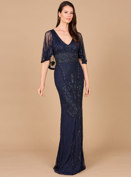 Cape Sleeve V-Neck Beaded Gown Navy