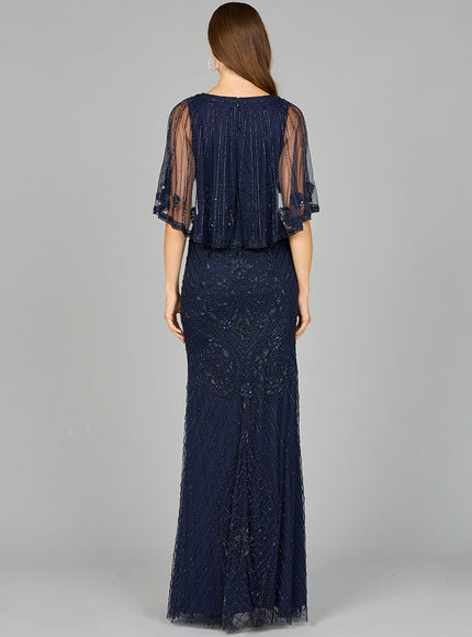 Cape Sleeve V-Neck Beaded Gown