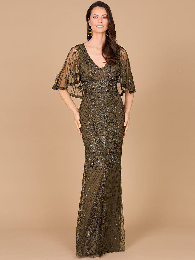 Cape Sleeve V-Neck Beaded Gown