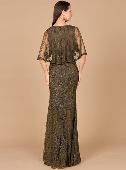 Cape Sleeve V-Neck Beaded Gown