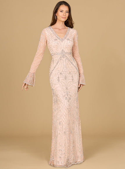 Long Bell Sleeve V-Neck Beaded Gown Blush
