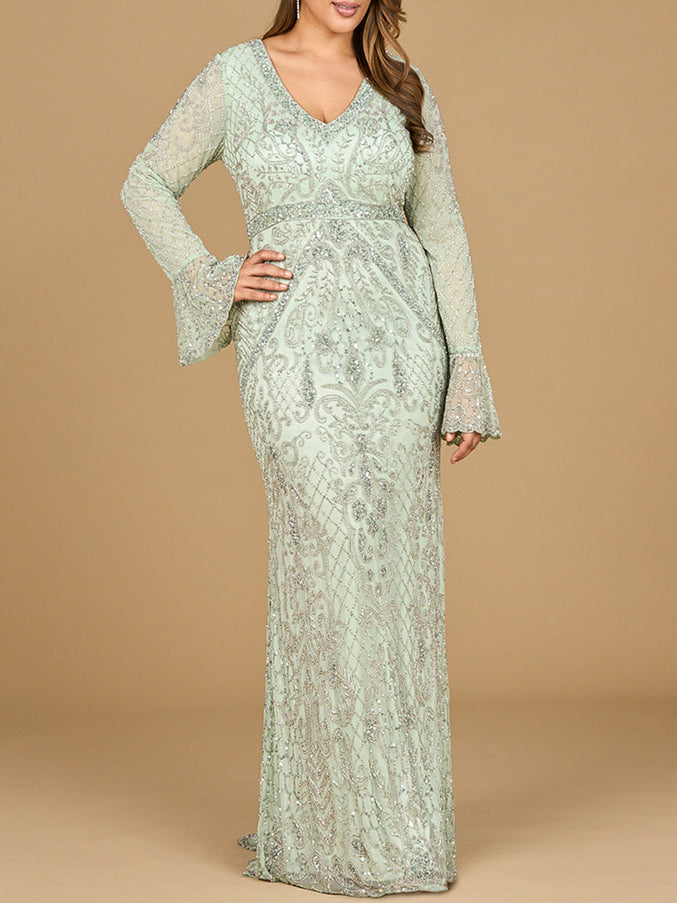 Lara New York 29358 Long Bell Sleeve V-Neck Beaded Gown