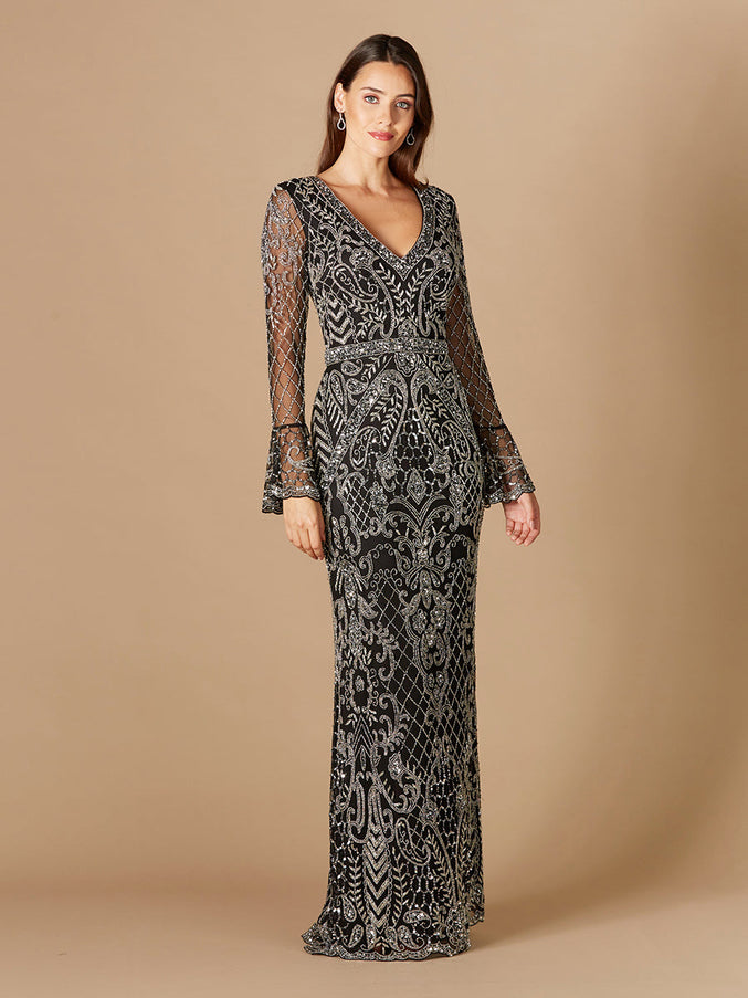 Lara New York 29358 Long Bell Sleeve V-Neck Beaded Gown Black Silver
