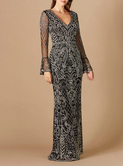 Long Bell Sleeve V-Neck Beaded Gown
