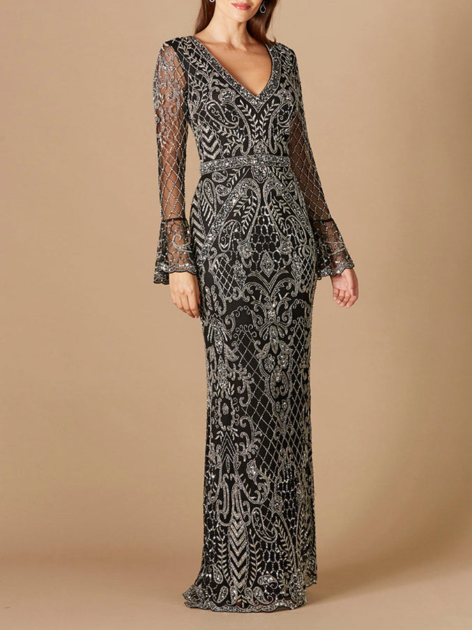 Lara New York 29358 Long Bell Sleeve V-Neck Beaded Gown