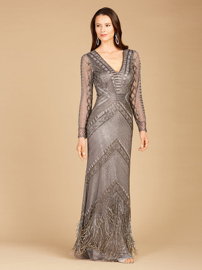 Lara New York 29364 Long Sleeve Fringe Dress Grey