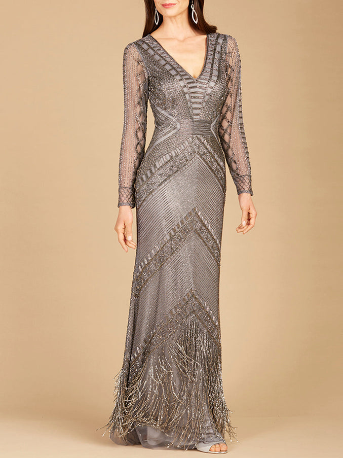 Lara New York 29364 Long Sleeve Fringe Dress