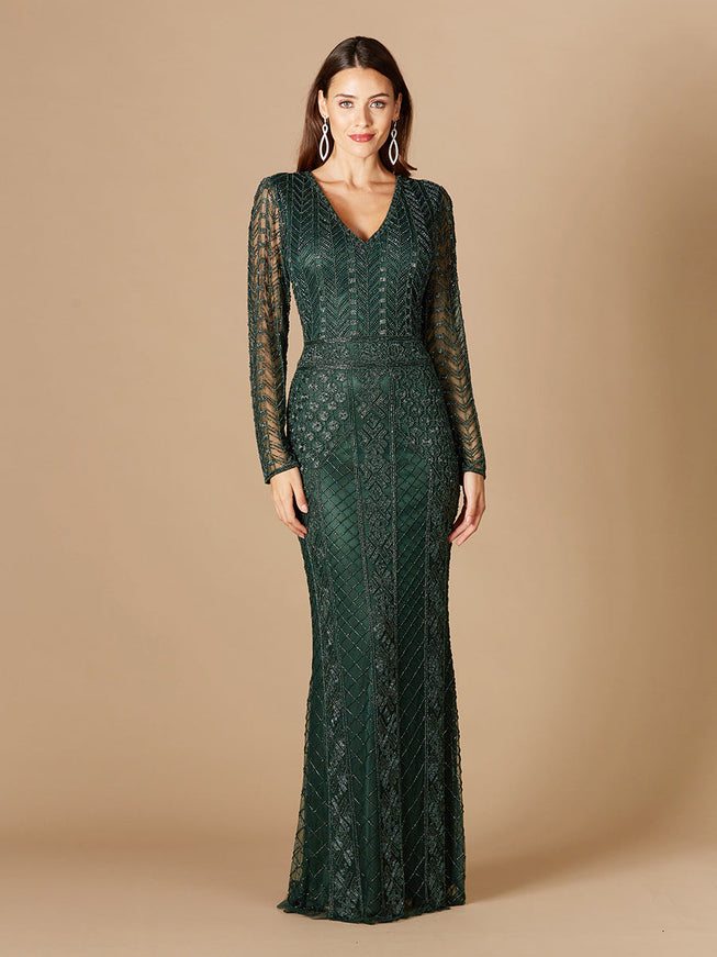 Long Sleeve Beaded Dress Green