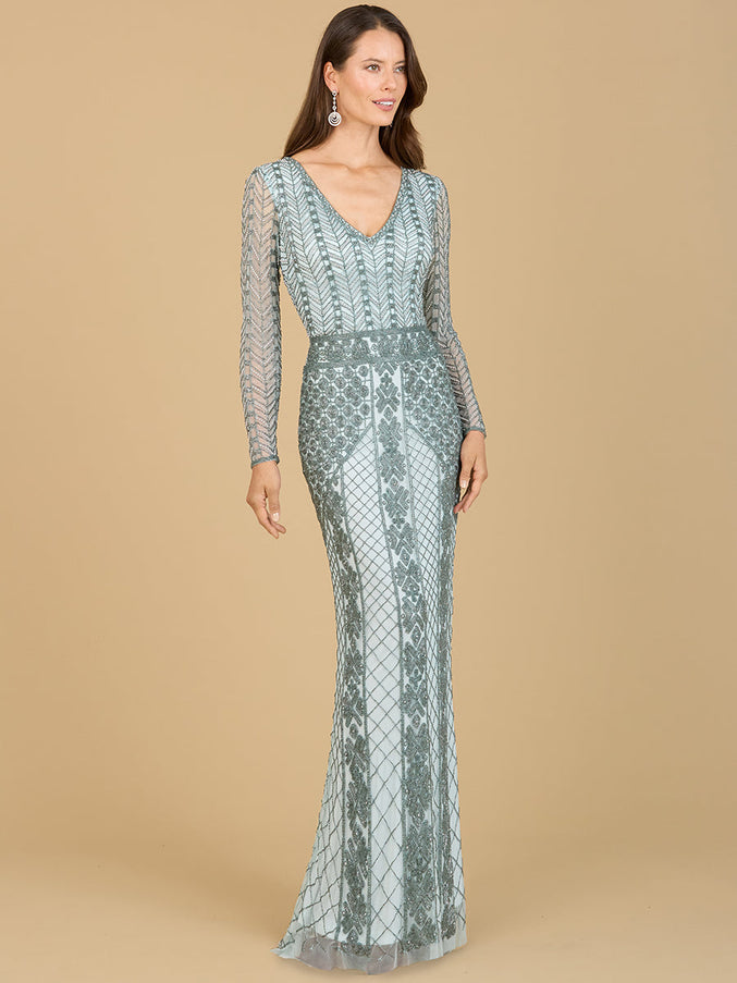 Lara New York 29365 Long Sleeve Beaded Dress Light Blue