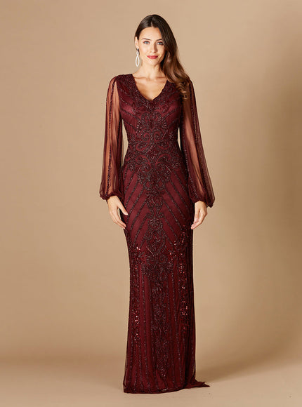 Long Flutter Sleeves Beaded Dress Wine