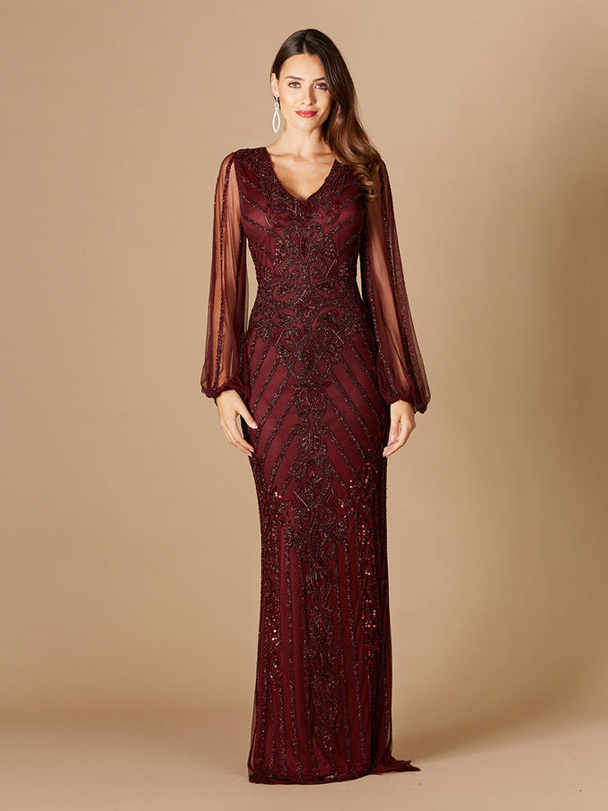 Lara New York 29369 Long Flutter Sleeves Beaded Dress Wine