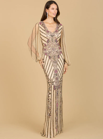 Long Flutter Sleeves Beaded Dress Nude Multi