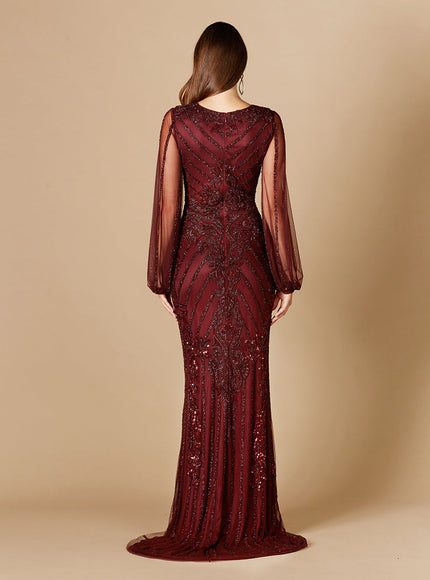 Long Flutter Sleeves Beaded Dress