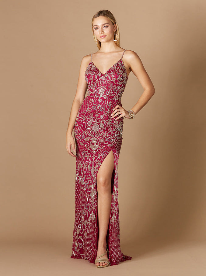 Lara New York 29373 Beaded Tank Dress with Slit Raspberry