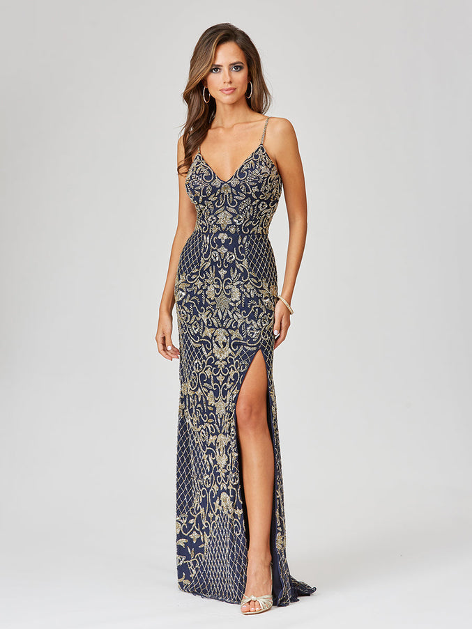 Lara New York 29373 Beaded Tank Dress with Slit Navy Gold