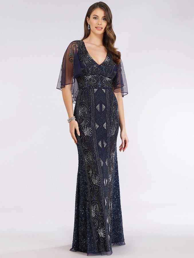 Lara New York 29393 Cape Sleeve Beaded Gown Navy