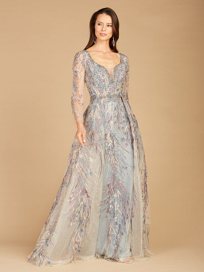Long Sleeve Lace Gown with Overskirt Multi