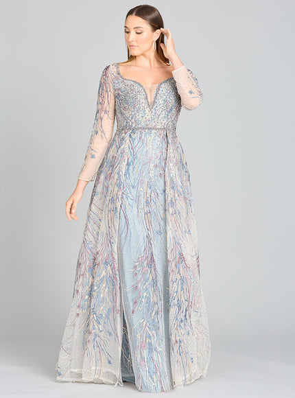 Long Sleeve Lace Gown with Overskirt