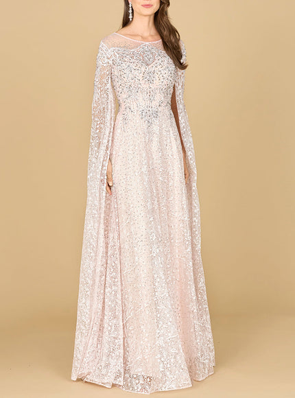 Lara Lace Gown with Dramatic Cape Sleeves Powder Pink