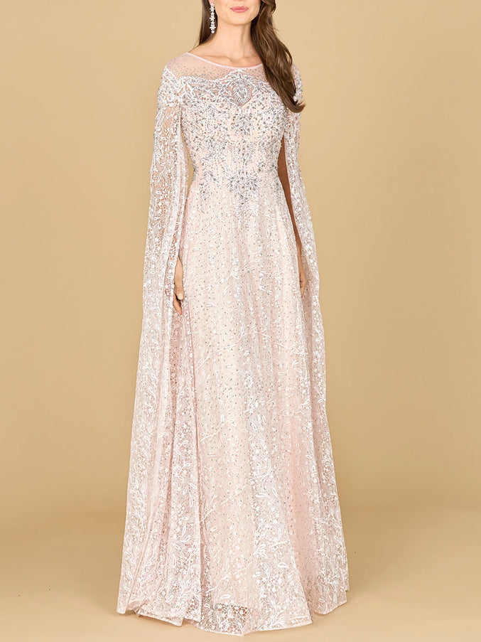Lara Lace Gown with Dramatic Cape Sleeves Powder Pink