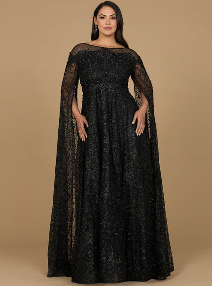 Lara Lace Gown with Dramatic Cape Sleeves Black