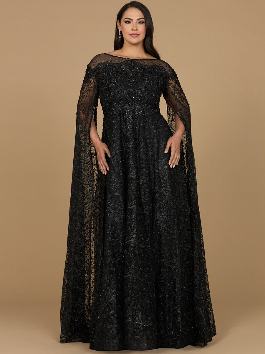 Lara Women's Lace Gown with Dramatic Cape Sleeves - Black Lara Women's Lace Gown with Dramatic Cape Sleeves - Black