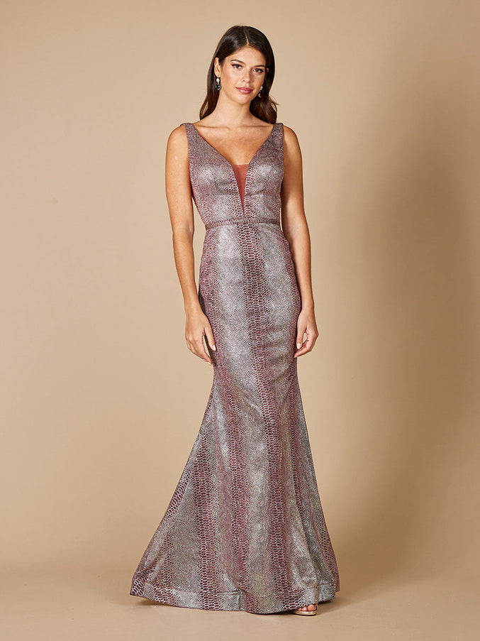 Lara New York 29461 Plunging V-Neckline Mermaid Snake Print Gown Wine Multi