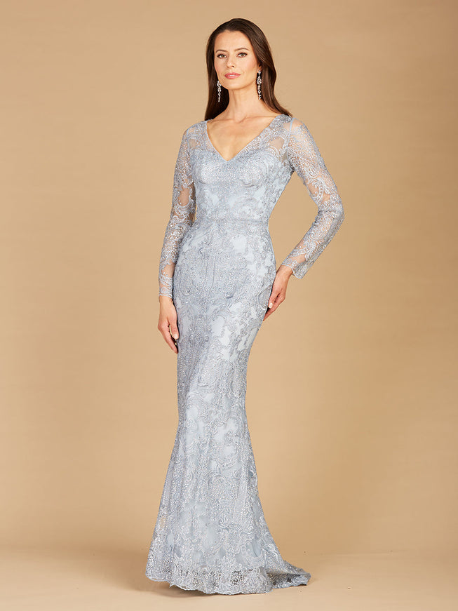 Lara New York 29466 Long Sleeve Lace Mermaid Gown Light Blue