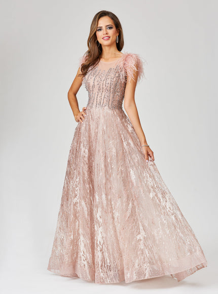 Lace ballgown with Feather Cap Sleeves Blush