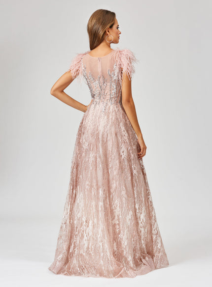 Lace ballgown with Feather Cap Sleeves