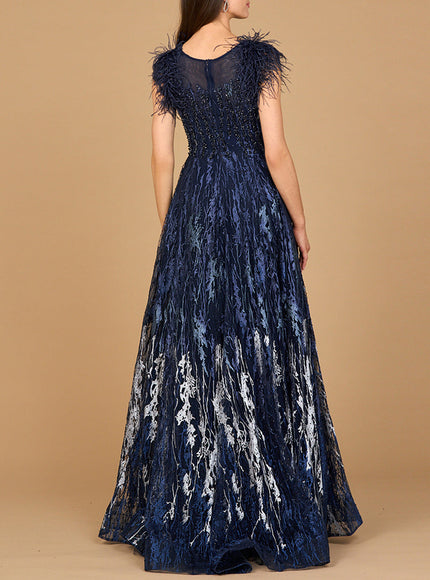 Lace ballgown with Feather Cap Sleeves