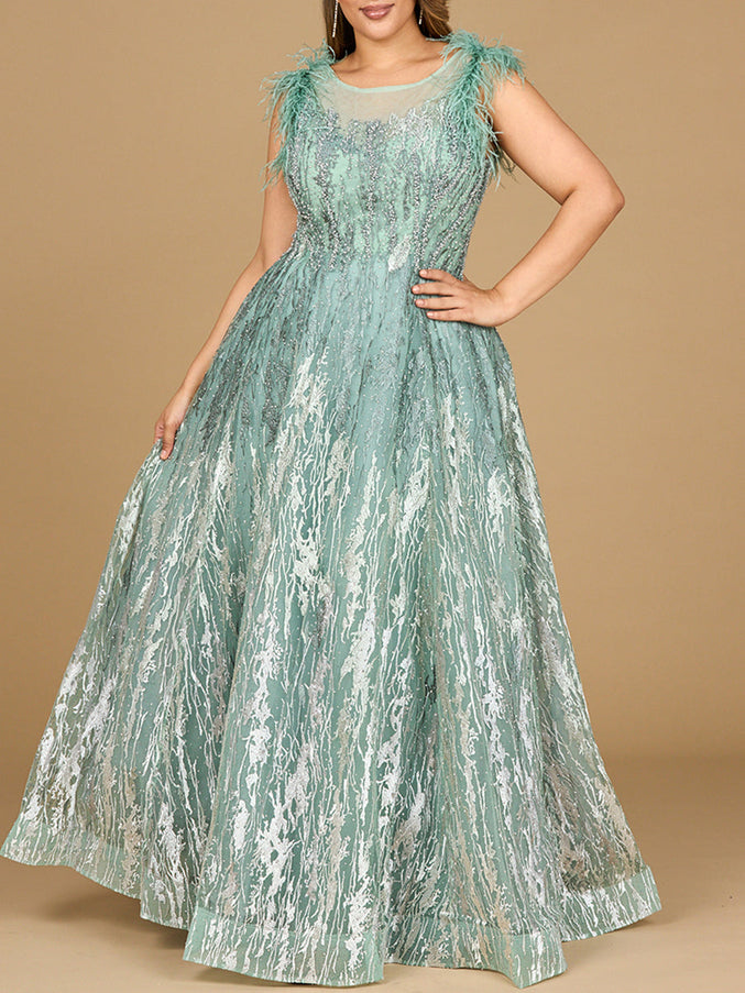 Lara New York 29475 Lace Ballgown with Feather Cap Sleeves