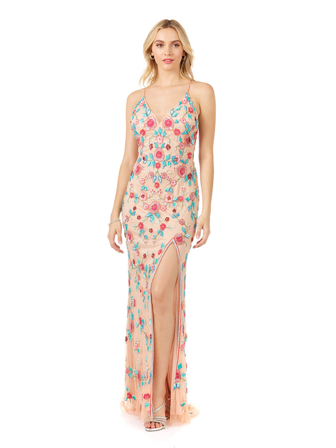 Lara New York 29486 Thigh High Slit with Open Back Dress Nude Multi