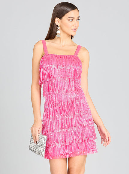 Lara 29488 - Beaded Fringe Cocktail Dress Hot Pink