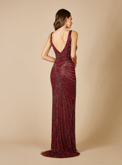 Lara 29528 - Thigh High Slit Beaded Gown