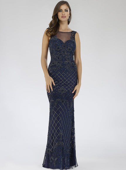 Lara 29538 - Illusion Neckline Long Dress Navy