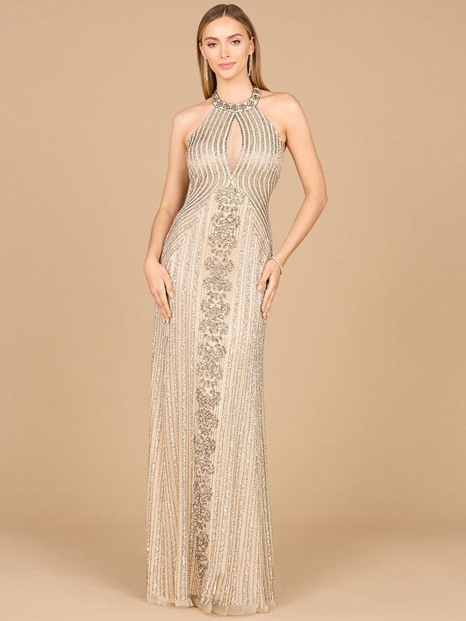 Lara New York 29600 Halter Neck Dress with Keyhole Nude