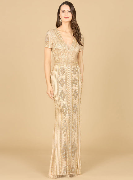 Lara 29606 - Closed Back, Cap Sleeve Dress Champagne