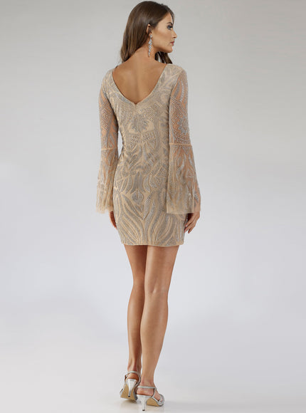 Lara 29608 - Bell Sleeves V Neck Cocktail Dress