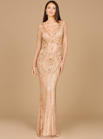 Lara 29615 - Long Sleeve Beaded Dress Rose gold