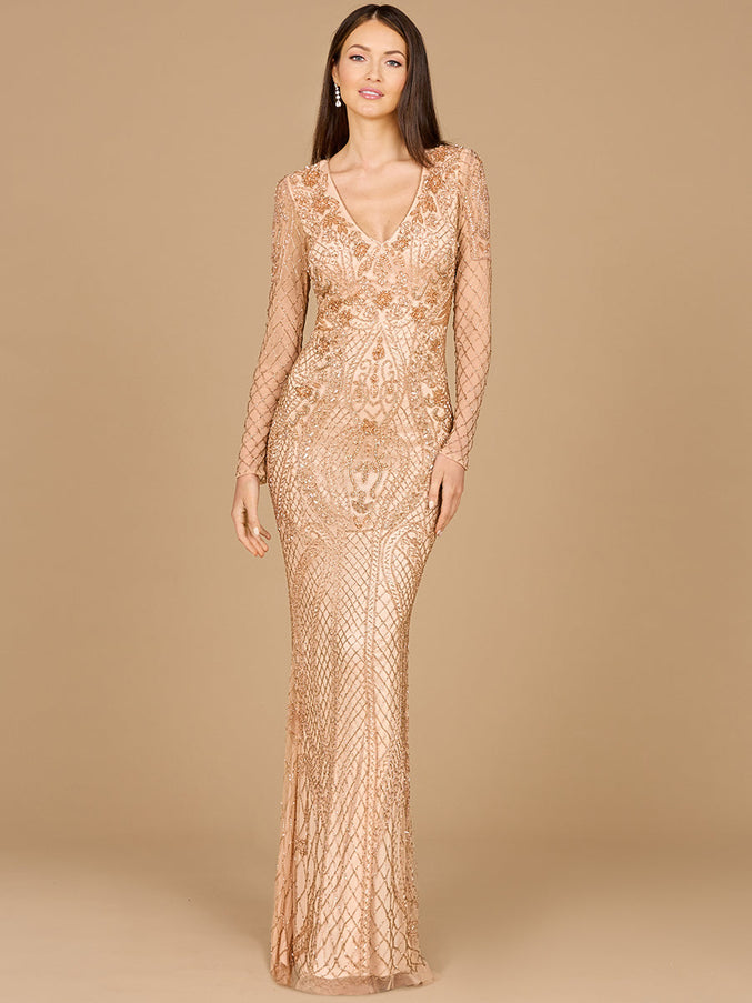 Lara New York 29615 Long Sleeve Beaded Dress Rose gold