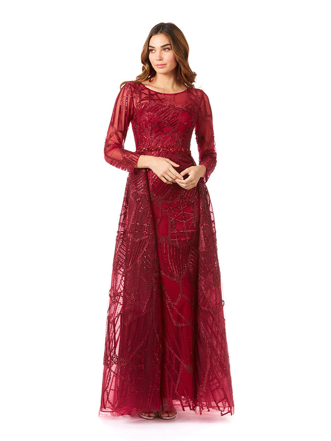 Lara New York 29633 Gorgeous Overskirt Dress with Long Sleeves DarkRed