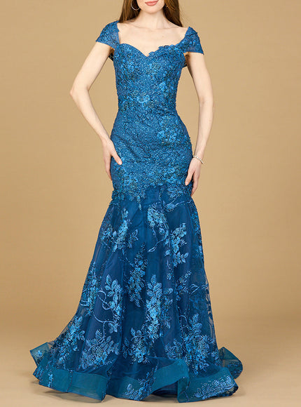 Lara 29642 - Cap Sleeve Mermaid Gown Peacock Blue